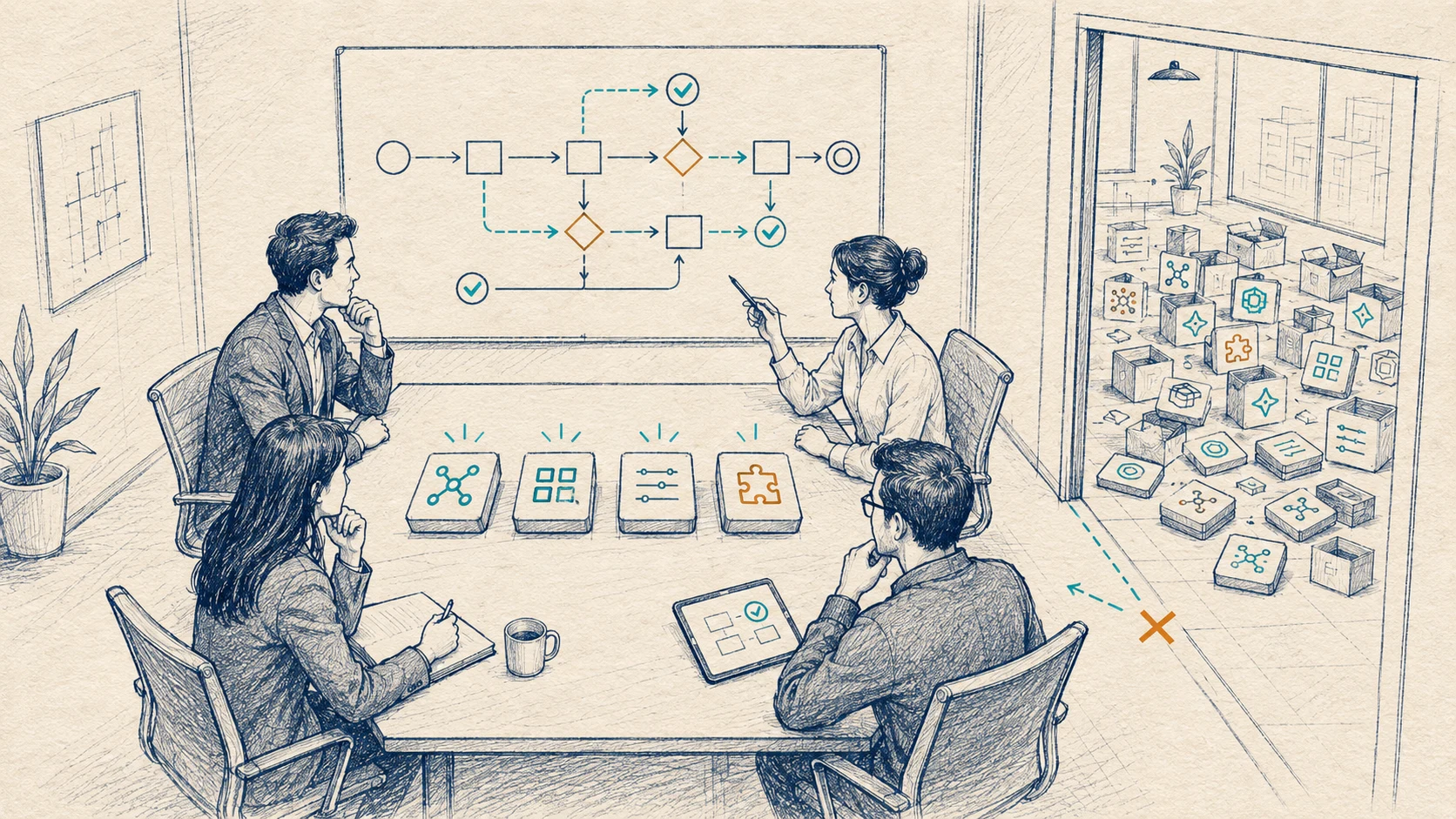 A planning session in a modern office, framing who inside a business should own AI tool exploration by temperament, not title