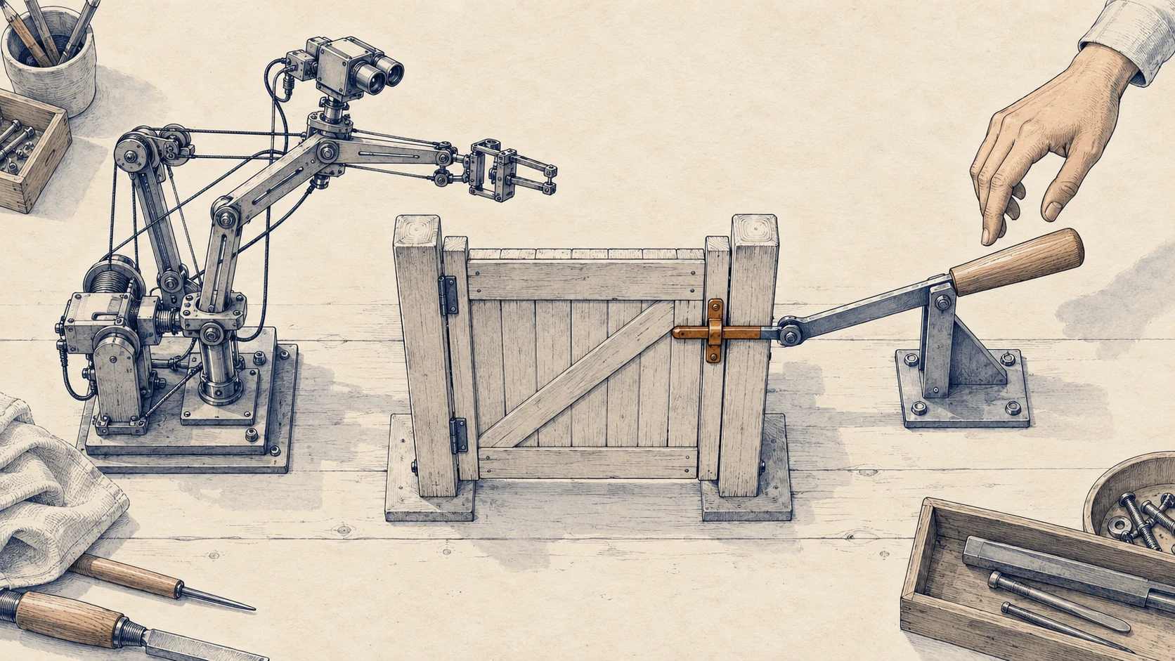 A robotic arm with a camera reaches toward a wooden gate. The latch is wired to a lever, and a human hand hovers over the handle: who decides when it opens?